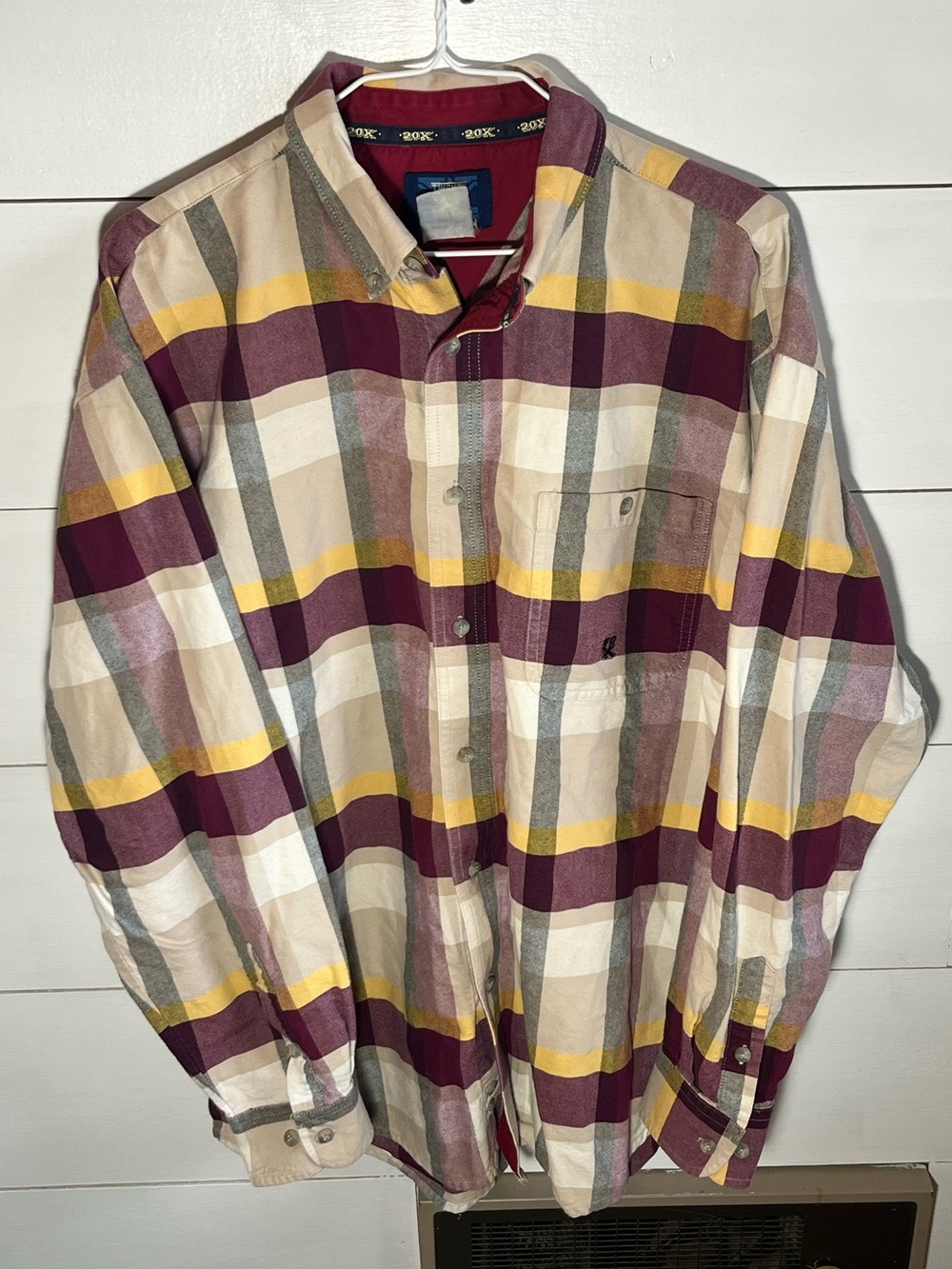 Wrangler Twenty X Plaid Button-Up Shirt in Burgundy, Yellow, Cream